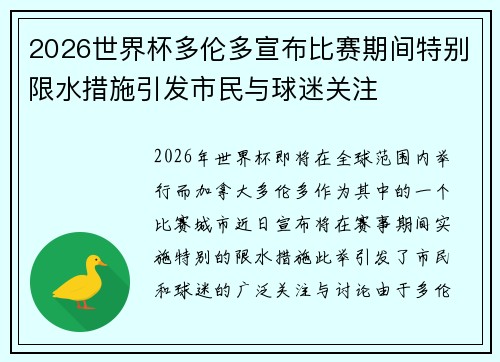 2026世界杯多伦多宣布比赛期间特别限水措施引发市民与球迷关注